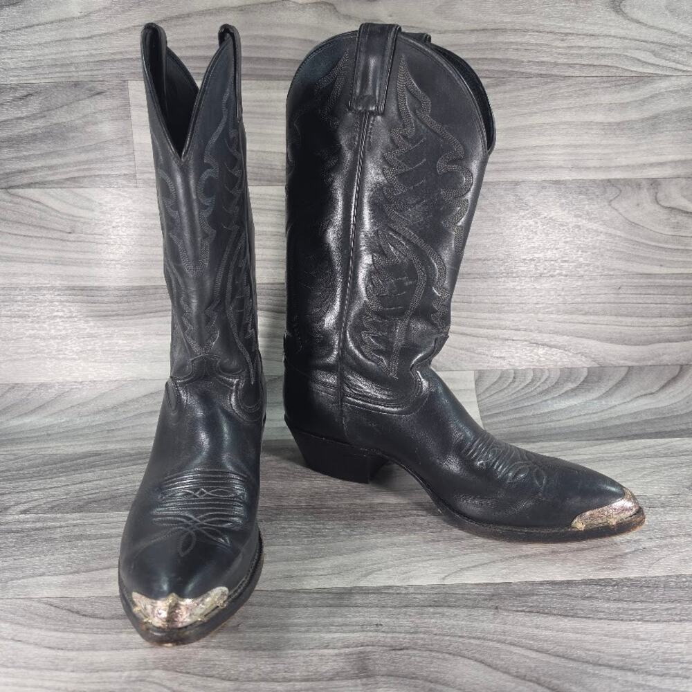 VTG Justin Men Black Leather Cowboy Boots Size 10D Style 20776 Metal Toes
